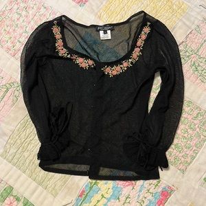 Betsey Johnson black sheer vintage Y2K shrug with rose and pearl embellishments